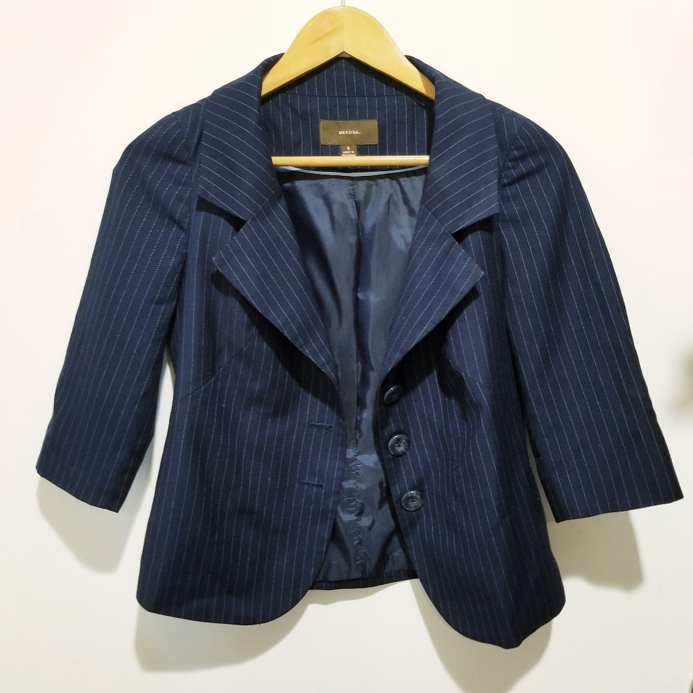 Merona Navy Blue PinStripe Suit Blazer Size 4 Academia Career Preppy Office Y2K